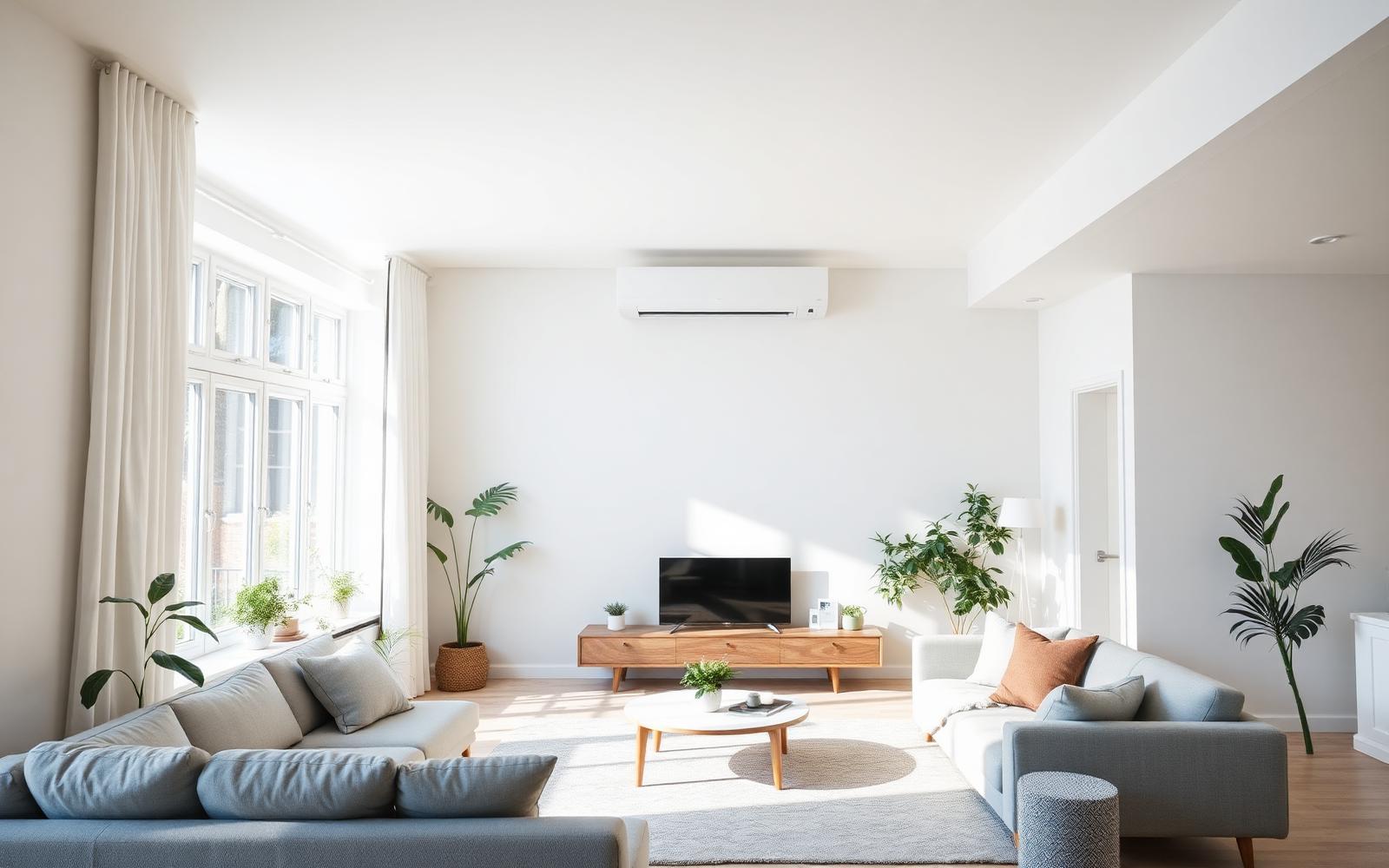 Heller Wohnraum mit moderner Split-Klimaanlage an der Wand